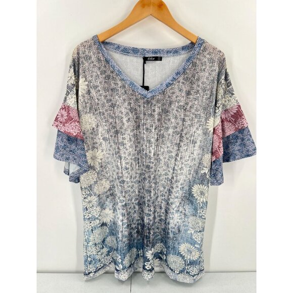 Lily By Firmiana Women Size Large Boho Floral-Print V-Neck Short Sleeve Top - Picture 9 of 9
